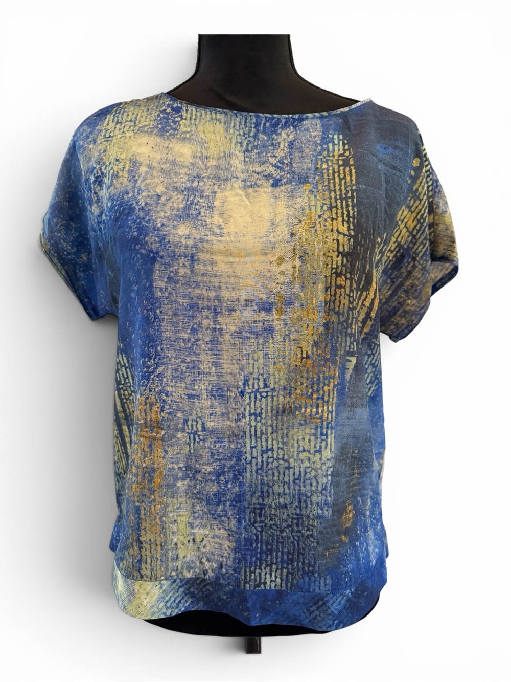 Lafayette 148 New York Blue and Gold Abstract Short Sleeve Top 100% Silk